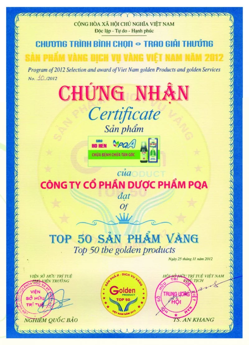 Chứng nhận Siro PQA đạt sản phẩm vàng