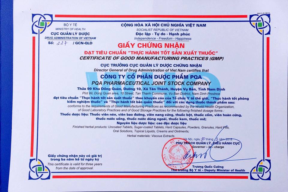 Giấy chứng nhận sản xuất thuốc PQA